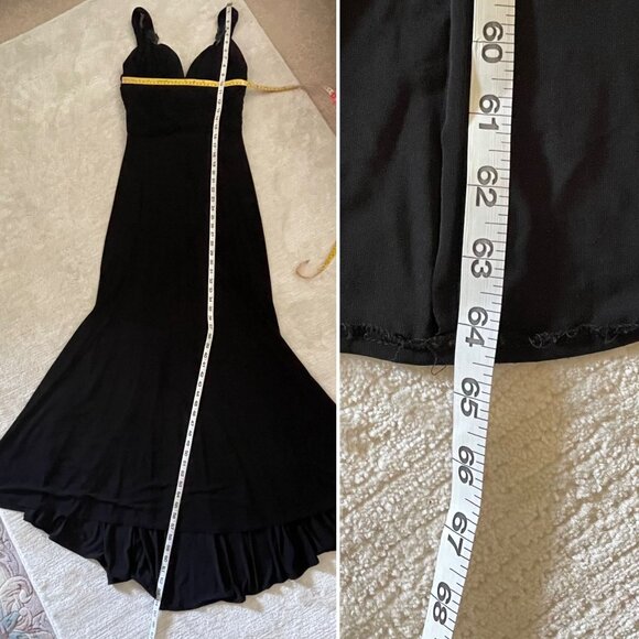 Elegant JS Boutique Black Evening Gown Size 8 w/Train and Jeweled Pins on Straps - Picture 8 of 10
